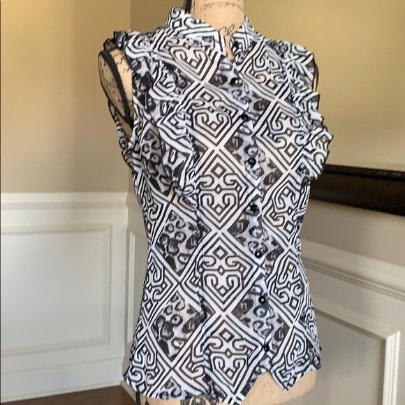 Lapis Sheer Patterned Ruffled Button Up Top EUC - Picture 6 of 8